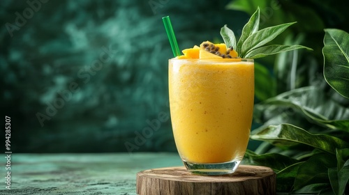 Smoothie with mango, banana, passion fruit, and coconut. A mocktail of tropical yellow in a tumbler with a green glass straw. wood-framed stand. foliage and a green backdrop. Summertime thick drink. photo