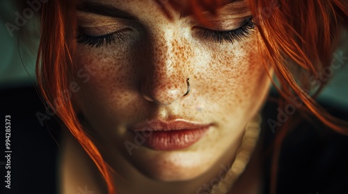 This image captures a person with flowing red hair in a blurred portrait, creating an abstract and artistic feel while focusing on the texture and color of the hair.