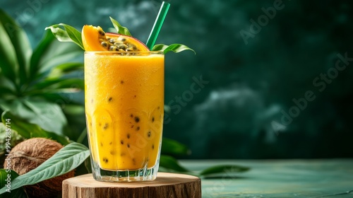 Smoothie with mango, banana, passion fruit, and coconut. A mocktail of tropical yellow in a tumbler with a green glass straw. wood-framed stand. foliage and a green backdrop. Summertime thick drink. photo