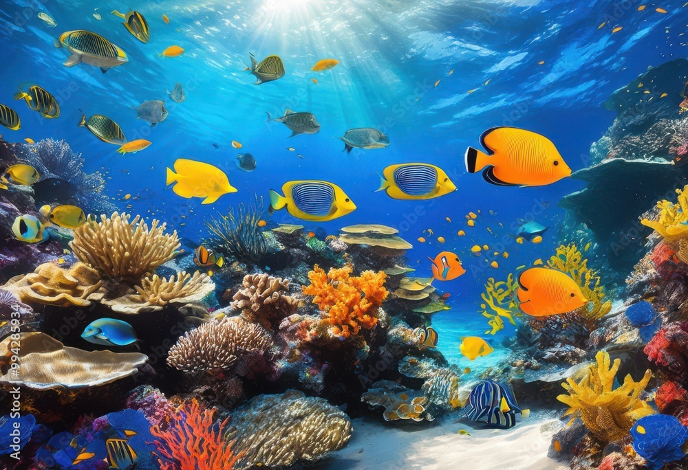Naklejka premium vibrant underwater scene showcasing diverse array marine species lively colors textures, ocean, fish, coral, reef, sea, aquatic, plankton, algae, habitat