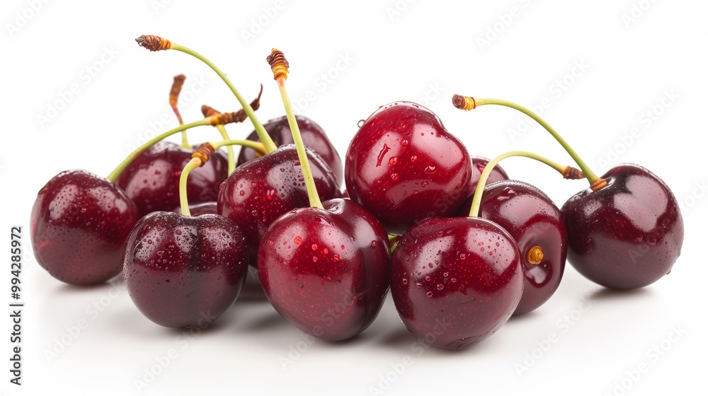 A bunch of ripe, natural, juicy cherries covered with drops of water on a white background.