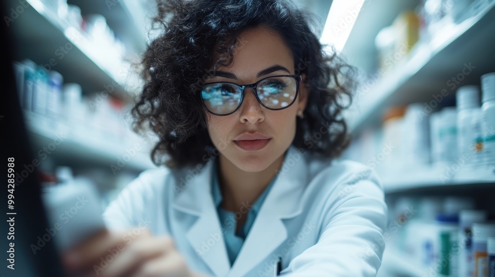 A focused pharmacist with curly hair and glasses, wearing a white coat, reaches for medication on a shelf in a well-stocked pharmacy aisle. A focused pharmacist with curly hair and glasses, wearing a white coat, reaches for medication on a shelf in a well-stocked pharmacy aisle.