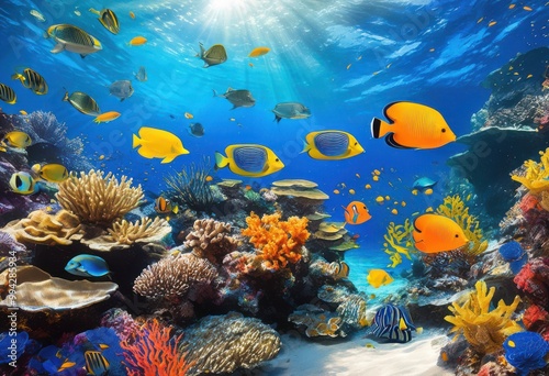 vibrant underwater scene showcasing diverse array marine species lively colors textures, ocean, fish, coral, reef, sea, aquatic, plankton, algae, habitat photo