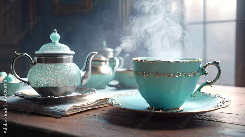 A tea pair of soft blue colours on a wooden kitchen table against the background of an icy frozen window. A light haze of freshly brewed aromatic tea. Unfading hope. Sweet home. A tea pair of soft blue colours on a wooden kitchen table against the background of an icy frozen window. A light haze of freshly brewed aromatic tea. Unfading hope. Sweet home.