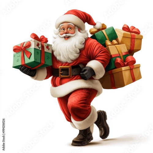 Santa Claus carrying gifts, white isolate background