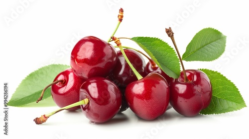 Close-up of a handful of ripe farm cherries with leaves on a uniform white background as separate objects.