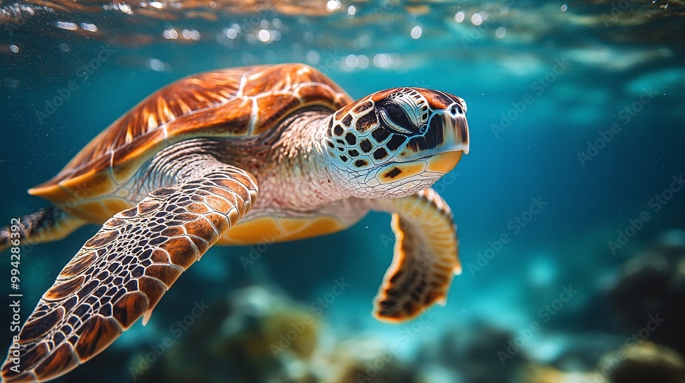 Fototapeta premium underwater view of sea turtles gliding gracefully through the ocean, capturing the peaceful serenity and natural beauty of these aquatic creatures