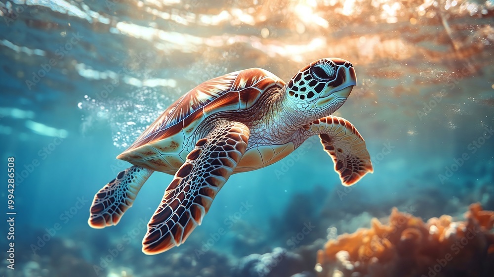 Fototapeta premium underwater view of sea turtles gliding gracefully through the ocean, capturing the peaceful serenity and natural beauty of these aquatic creatures