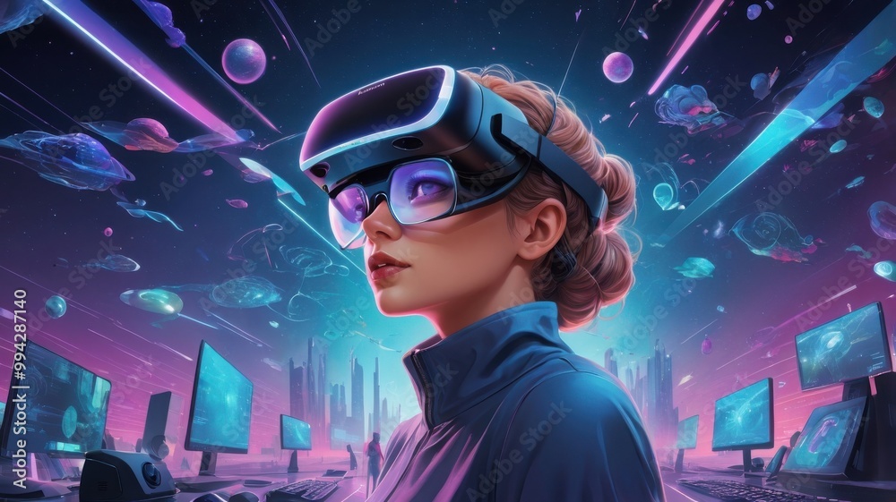 Metaverse diversion. Level vector representation with lady wearing computer generated experience glasses and VR headsets, collaborating and investigating a virtual world. Idea of future advancements. Metaverse diversion. Level vector representation with lady wearing computer generated experience glasses and VR headsets, collaborating and investigating a virtual world. Idea of future advancements.
