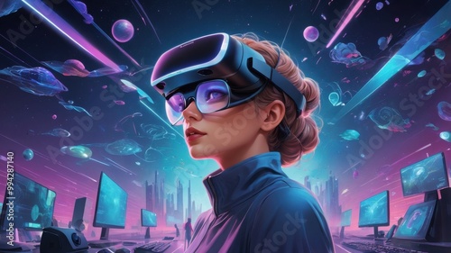 Metaverse diversion. Level vector representation with lady wearing computer generated experience glasses and VR headsets, collaborating and investigating a virtual world. Idea of future advancements.