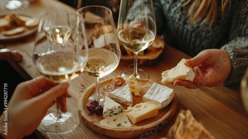 Women seated at a wooden table with cheese plates and wine glasses, close-up