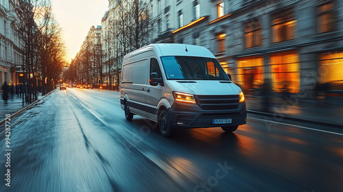 Fototapeta Naklejka Na Ścianę i Meble -  White modern delivery small shipment cargo courier van moving fast on motorway road to city
