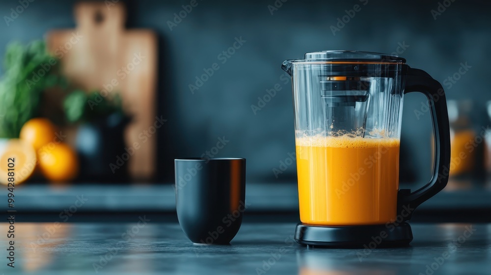 A black blender filled with freshly made orange juice sits on a kitchen counter, surrounded by blurred ingredients and kitchen utensils in the background. A black blender filled with freshly made orange juice sits on a kitchen counter, surrounded by blurred ingredients and kitchen utensils in the background.
