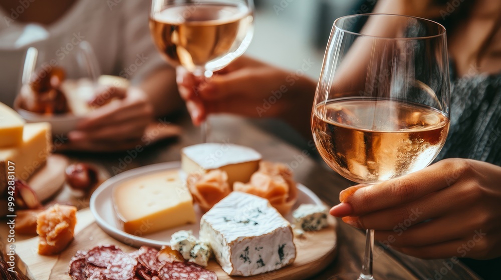 Women seated at a wooden table with cheese plates and wine glasses, close-up Women seated at a wooden table with cheese plates and wine glasses, close-up