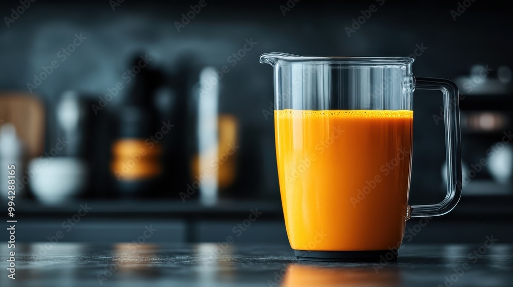 A clear blender jug filled with orange liquid sits on a kitchen countertop, with blurred kitchen items in the background, focusing on the beverage. A clear blender jug filled with orange liquid sits on a kitchen countertop, with blurred kitchen items in the background, focusing on the beverage.