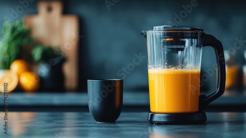 A black blender filled with freshly made orange juice sits on a kitchen counter, surrounded by blurred ingredients and kitchen utensils in the background.