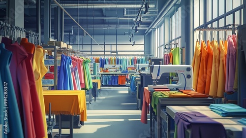 sewing machines colorful clothing and fabric rolls in a textile factory showcasing apparel industry manufacturing and garment production process