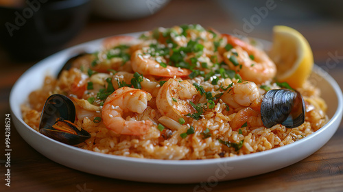 Seafood fried rice is mid-toss, with shrimp, scallops, and squid suspended in the air. Steam billows against the black backdrop, and the rice glistens under warm light, adding heat and flavor.