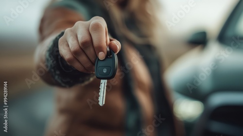 An image showing a person stretching out a hand holding car keys towards the camera, with a parked car in the background, symbolizing vehicle transfer or rental. photo