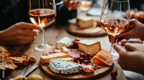 Women seated at a wooden table with cheese plates and wine glasses, close-up
