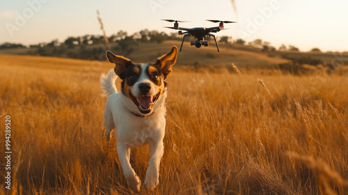 A happy dog chasing a drone in a field. photo