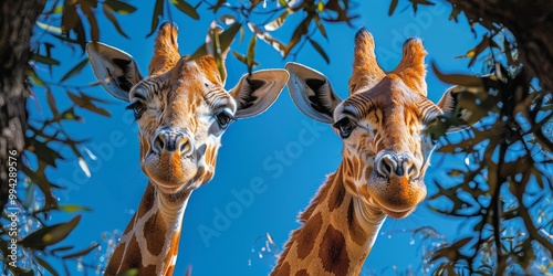 Two Giraffes Looking Up From The Bush photo