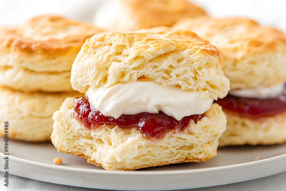 Homemade English Scones With Rich Jam And Clotted Cream Generously Spread On Top In Home Interior, Dessert Food Photography, Dessert Menu Style Photo Image Homemade English Scones With Rich Jam And Clotted Cream Generously Spread On Top In Home Interior, Dessert Food Photography, Dessert Menu Style Photo Image