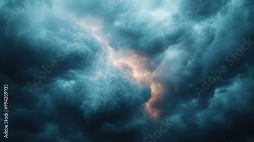 Lightning illuminates dark storm clouds, highlighting the menacing and powerful nature of the storm, as the turbulent sky reflects the raw force of the weather.