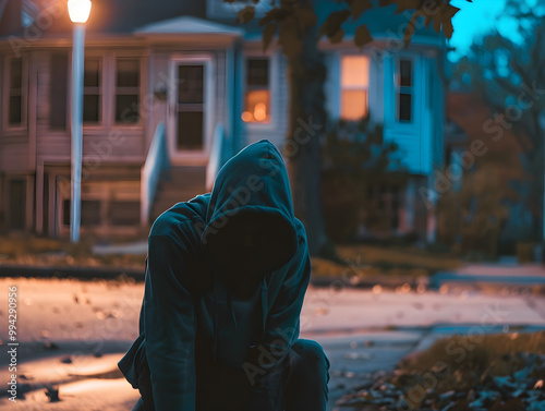 Fearful resident peeks through blinds at night, worried about safety in dangerous neighborhood. photo