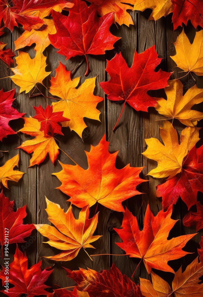Fototapeta premium vibrant autumn foliage displayed rustic wooden surface rich colors detailed textures, fall, leaves, garden, nature, seasonal, orange, yellow, red, brown