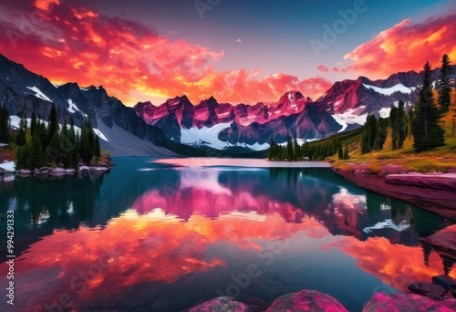 vibrant sunset reflecting over tranquil mountain lake surrounded lush greenery colorful sky, water, reflection, clouds, trees, landscape, nature, colors