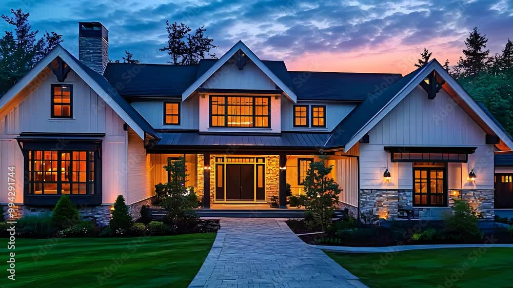  Luxury modern farmhouse at sunset, featuring elegant architecture, large windows, and lush landscaped garden, tranquil living