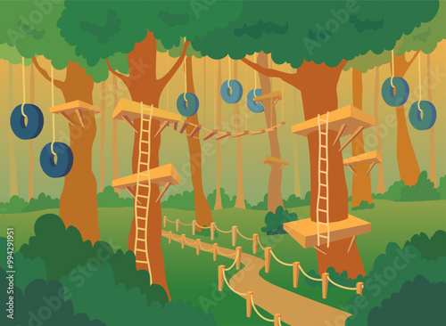 Cartoon Color Rope Adventure Park Landscape Scene Concept Flat Design Style. Vector illustration of Center with Suspension Bridges