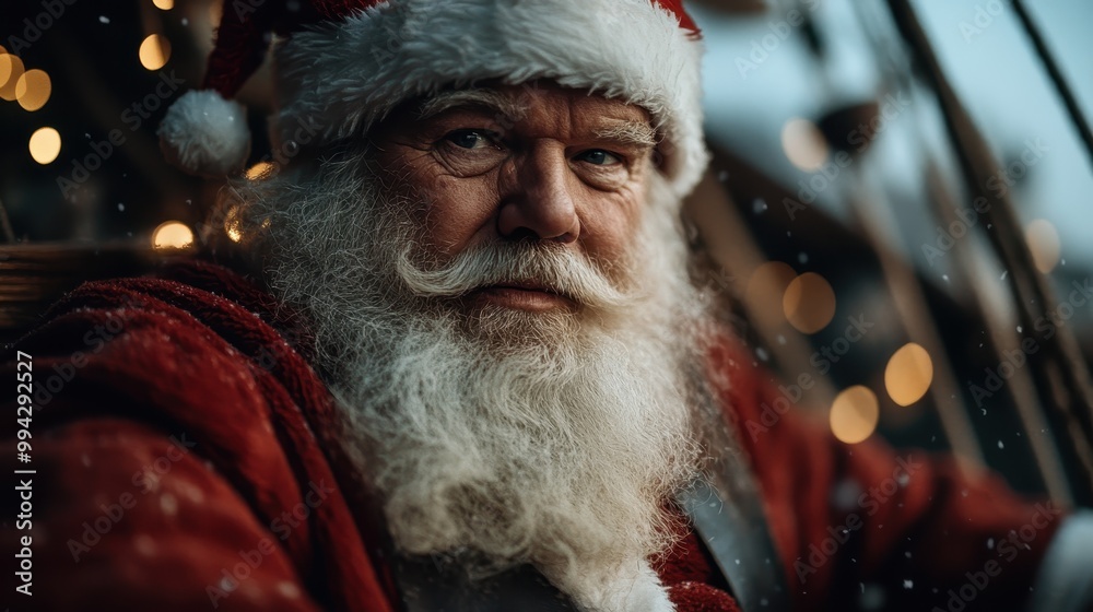 Santa Claus is depicted with a thoughtful gaze, surrounded by a festive atmosphere, invoking holiday warmth and a sense of timeless wonder and reflection. Santa Claus is depicted with a thoughtful gaze, surrounded by a festive atmosphere, invoking holiday warmth and a sense of timeless wonder and reflection.