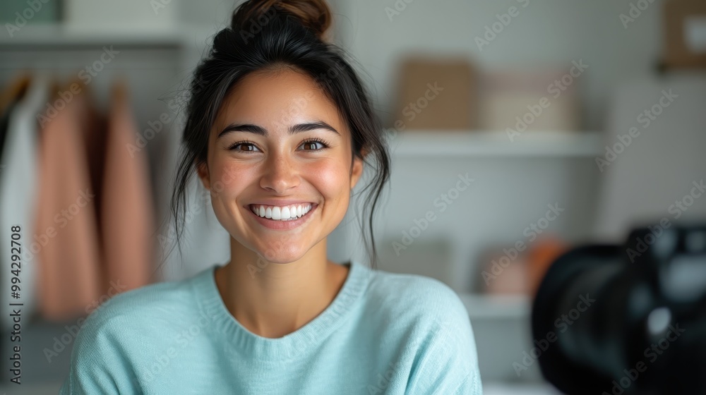 A woman with a bun hairstyle smiles warmly, accompanied by photographic equipment, capturing a moment of creativity and positive energy in a personal environment. A woman with a bun hairstyle smiles warmly, accompanied by photographic equipment, capturing a moment of creativity and positive energy in a personal environment.
