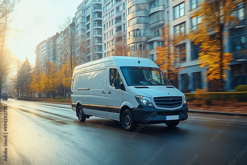 White modern delivery small shipment cargo courier van moving fast on motorway road to city White modern delivery small shipment cargo courier van moving fast on motorway road to city