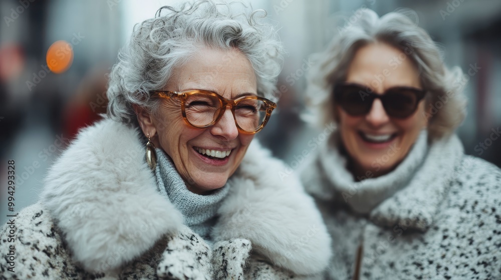 Two elderly women, wrapped in elegant fur coats, share a moment of laughter while embracing the warmth of friendship and the joy of a cold day outside. Two elderly women, wrapped in elegant fur coats, share a moment of laughter while embracing the warmth of friendship and the joy of a cold day outside.