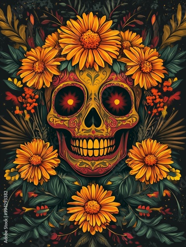 A creepy colourful portrait of a colourful skull for dia de los muertos, Neon colours. marigolds, Halloween poster, invitation card idea. --ar 3:4 --v 6.1 Job ID: 4408ea86-e63e-4a1e-8e1d-a2b9e8e0cb2b