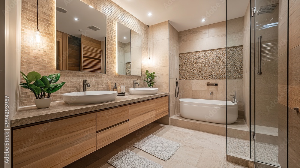 Fototapeta premium An eco-friendly bathroom with water-saving fixtures, natural stone tiles, and energy-efficient lighting