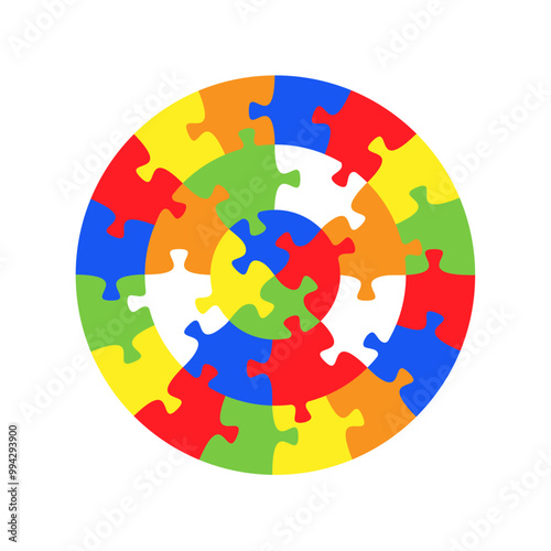 Concentric jigsaw puzzle circle. Colorful vector isolated on white background.