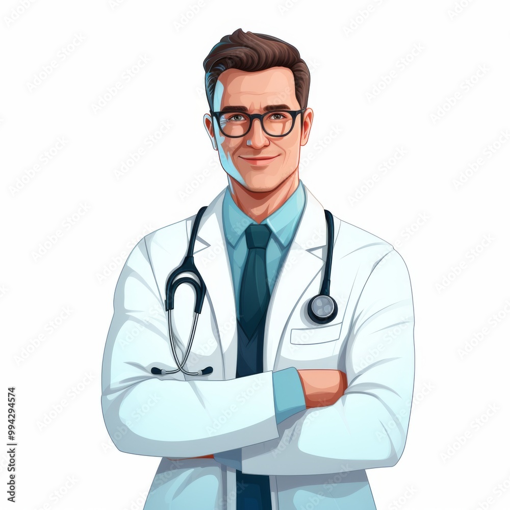 Fototapeta premium beautiful man doctor in a white coat on the white background , flat design