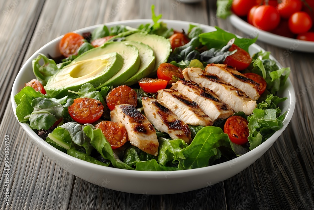 Healthy Salad With Mixed Greens, Grilled Chicken, Avocado Slices, Cherry Tomatoes, And A Light Vinaigrette, Served In A Large White Bowl On Wooden Table, Food Photography, Food Menu Style Photo Image Healthy Salad With Mixed Greens, Grilled Chicken, Avocado Slices, Cherry Tomatoes, And A Light Vinaigrette, Served In A Large White Bowl On Wooden Table, Food Photography, Food Menu Style Photo Image