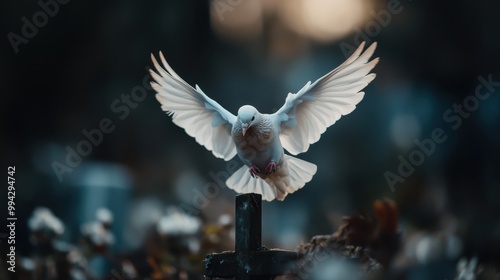 This image shows a white dove in mid-flight over a peaceful graveyard, representing the themes of hope, freedom, and spiritual transcendence in a serene setting. photo