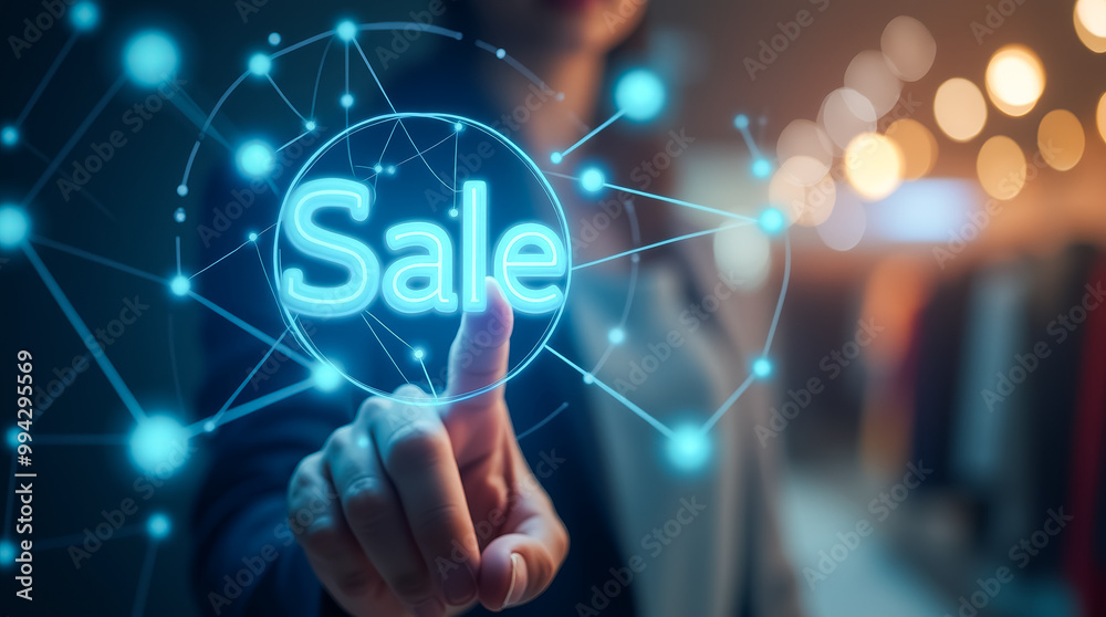 An individual touches a glowing digital display with the word Sale highlighted, surrounded by vibrant connections, in a contemporary store setting during the evening An individual touches a glowing digital display with the word Sale highlighted, surrounded by vibrant connections, in a contemporary store setting during the evening