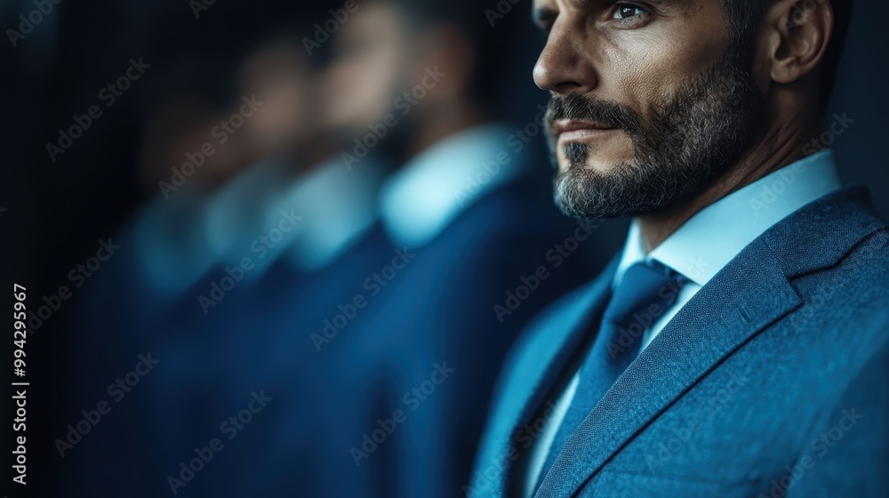 This image captures multiple figures in sharp focus wearing suits against a blurred background, emphasizing the front figure in professional attire and the overall formal setting. This image captures multiple figures in sharp focus wearing suits against a blurred background, emphasizing the front figure in professional attire and the overall formal setting.