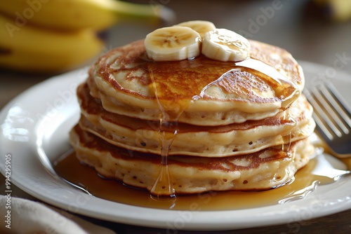 Banana Pancakes, Mall Chunks Of Banana & Drizzle Of Syrup, Breakfast Food Photography, Breakfast Menu Style Photo Image