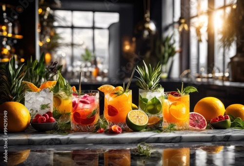 colorful artistic display fresh cocktail ingredients chic bar countertop highlighted natural lighting, mixology, drinks, vibrant, glasses, fruit