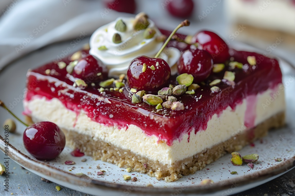 Cherry Pistachio Cheesecake Bars, Topped With Glossy Cherry Compote, Pistachio Garnish, Dessert Food Photography, Dessert Menu Style Photo Image