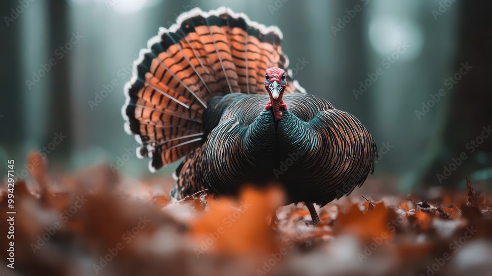 A turkey stands majestically in a dim forest setting, with its exquisite tail feathers on full display, surrounded by fallen leaves and a serene natural atmosphere. A turkey stands majestically in a dim forest setting, with its exquisite tail feathers on full display, surrounded by fallen leaves and a serene natural atmosphere.