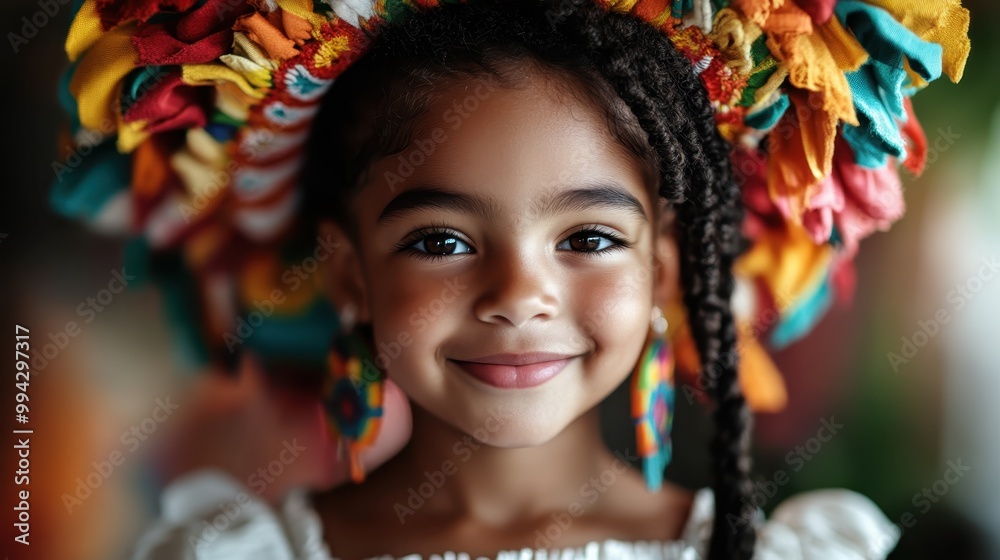 A cheerful girl wearing a white dress, adorned with a bright and colorful headpiece, expressing joy and charm against a lively and vibrant backdrop. A cheerful girl wearing a white dress, adorned with a bright and colorful headpiece, expressing joy and charm against a lively and vibrant backdrop.
